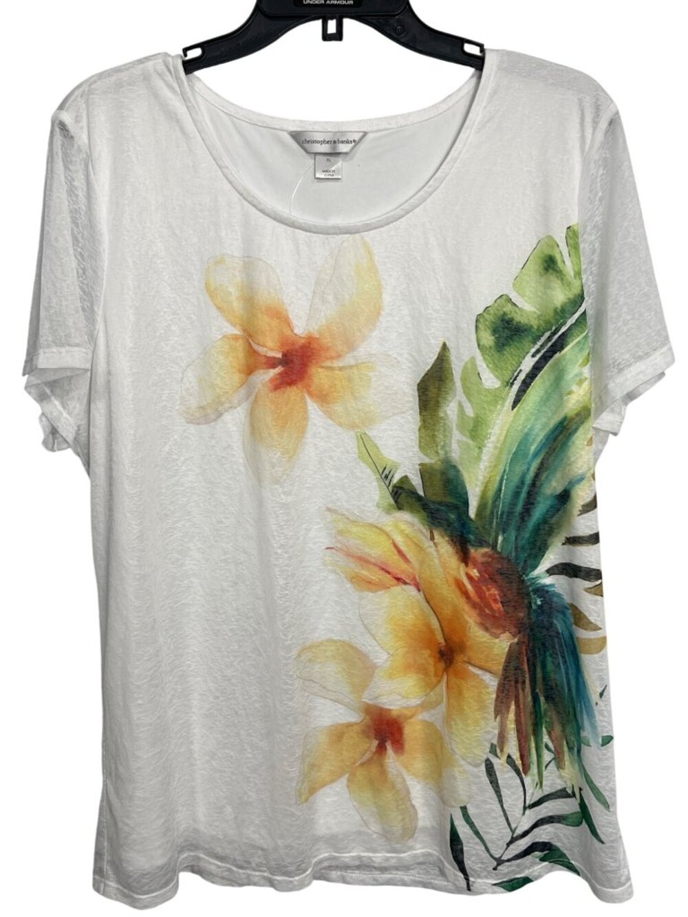 Christopher & Banks Top XL Floral Print Short Sleeve Blouse White Tropical Boho